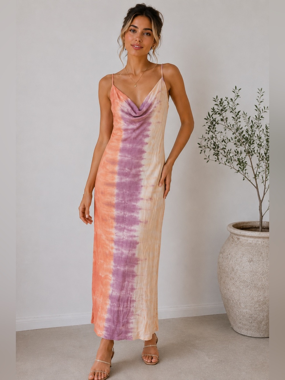 Young Fabulous & Broke Tie Dye Cowl Neck Slip Maxi Dress Large Boho